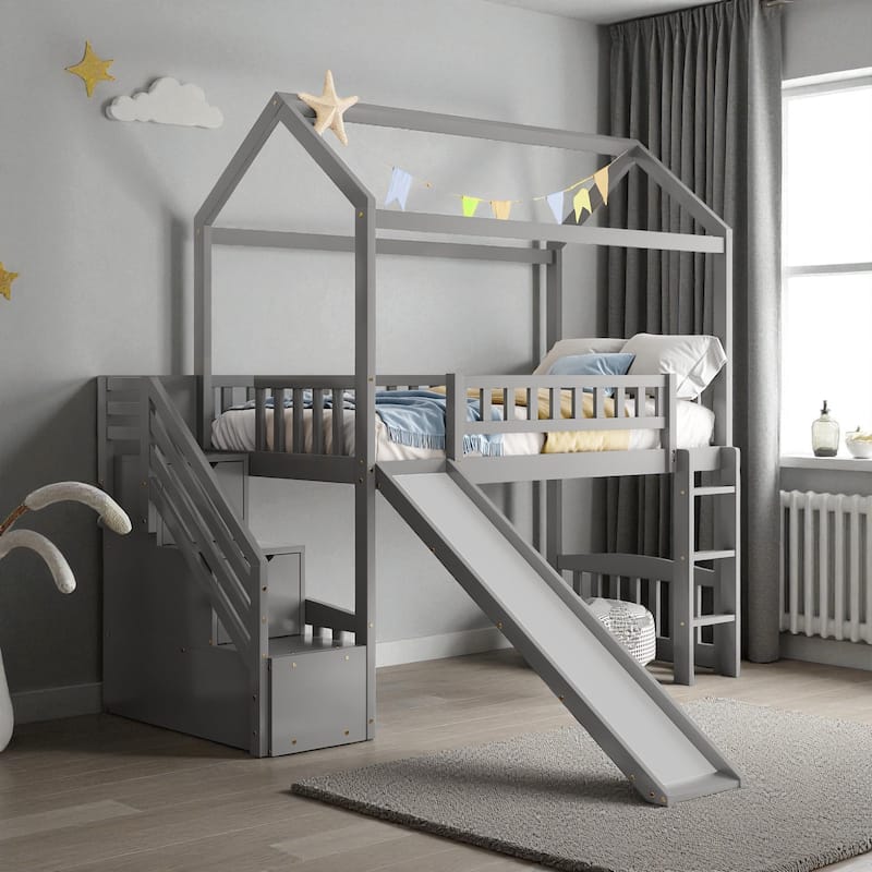 Twin Loft Bed with Slide and Storage Steps, House-Style Kids Bed with Two Drawers and Play Area, No Box Spring Needed - Grey - Twin