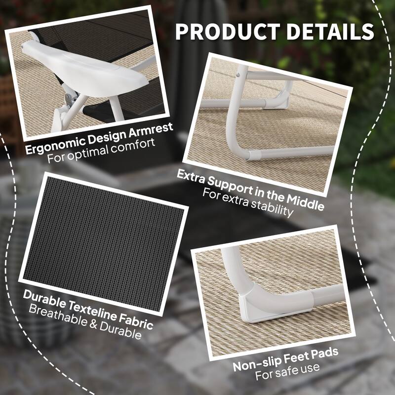 Foldable Adjustable Chaise Lounge Chair with Pillow and Armrests Portable Mesh Sun Lounger for Patio Poolside and Backyard