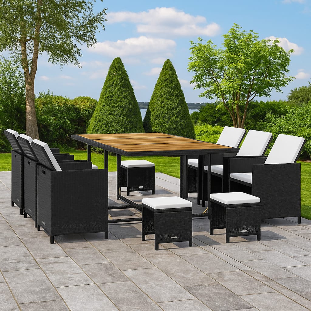 11pc Outdoor Dining Table Set, 10 Seater, Brown Acacia Wood n Rattan