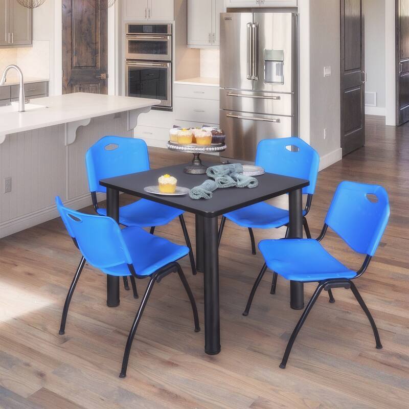 30" Square Breakroom Table- Grey/ Black & 4 'M' Stack Chairs- Blue - Grey, Black, Blue - 30
