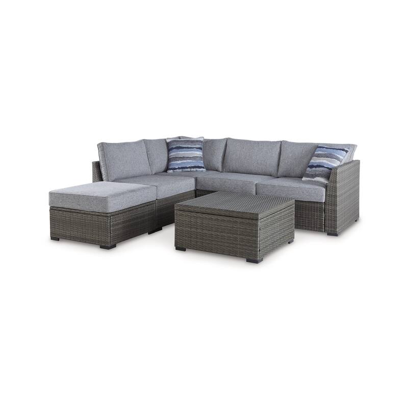 4 Piece Outdoor Sectional Sofa, Chaise, Storage Table, Throw Pillows, Gray