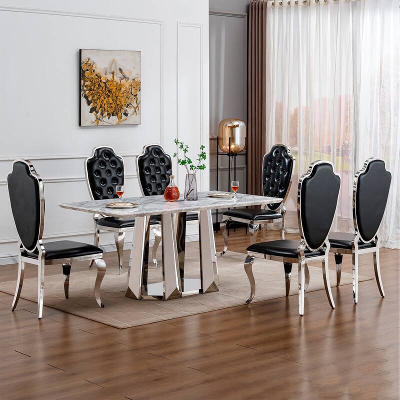 70'' Rectangle Faux Marble Dining Table with Mirrored Finish Stainless Steel Base - Silver+Grey