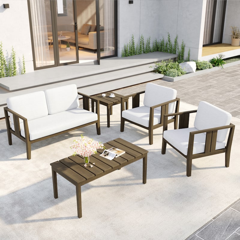 5-Piece Patio Furniture Solid Teak Outdoor Conversation Set