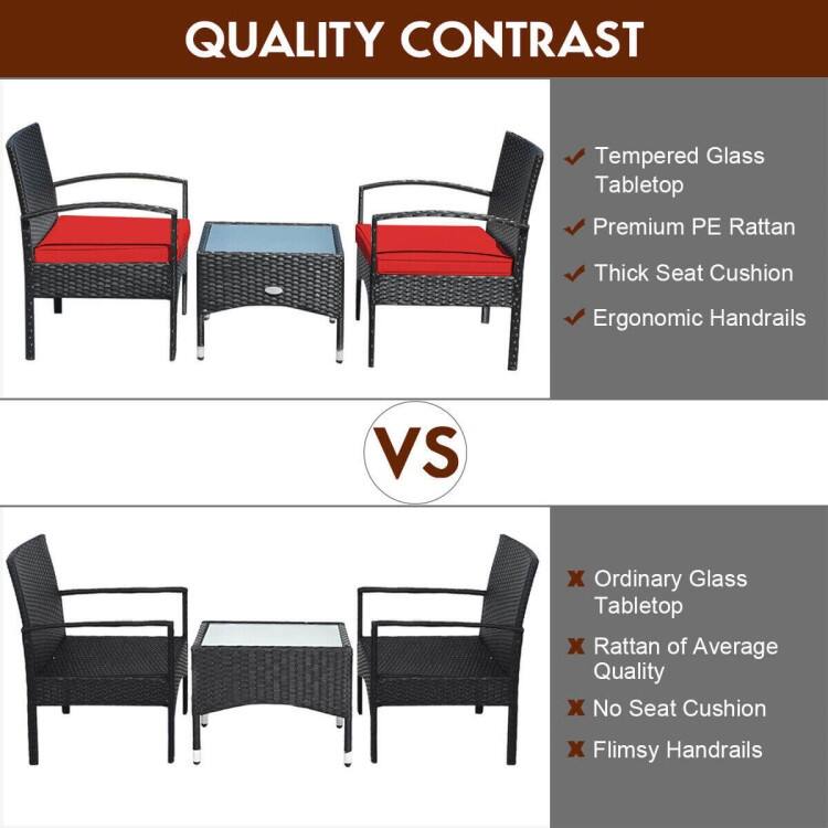 3 Pieces Patio Wicker Rattan Furniture Set with Cushion for Lawn Backyard - 19.5" x 19.5" x 15" (L x W x H)