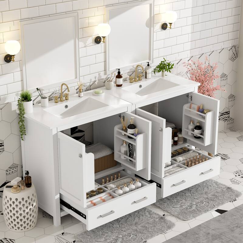 60"Bathroom Vanity Set with Double Vanities (Separate), Double Ceramic Sinks, Storage Shelf, and Divided Drawers