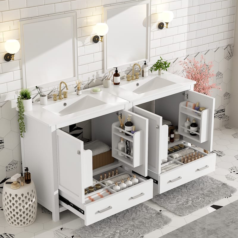 GDFStudio - Aurora Wood & Ceramic Bathroom Vanity Set with Sink and Divided Drawers - 60" - White