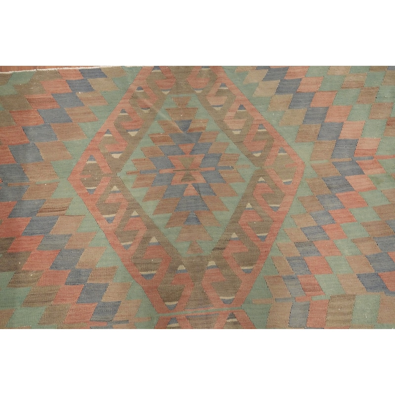 Hand Woven Oriental 100% Wool Carpet Southwestern Tribal Green Kilim Area Rug - 9' 6'' X 4' 10''