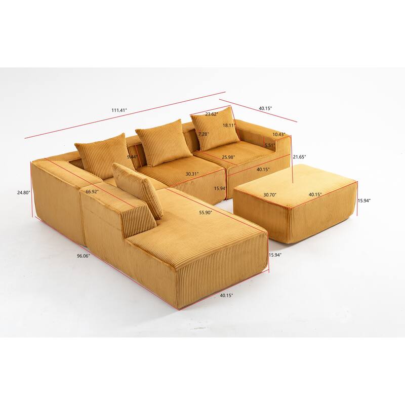 Corduroy Modular Sectional Sofa with Chaise Lounge, Deep Seat, Ottoman