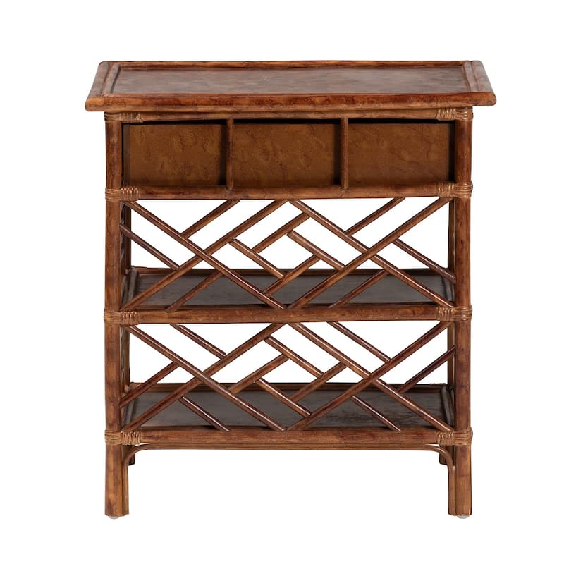 Daemyn Marbled Tortoise Natural Rattan Nightstand - Handcrafted Wicker Bedside Table with Drawer and Open Shelving