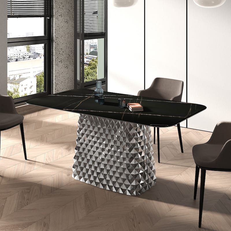 Modern Rectangle Stone Stainless Steel Hydrographic Mirror Pedestal Dining Table - 10 Seats - Black