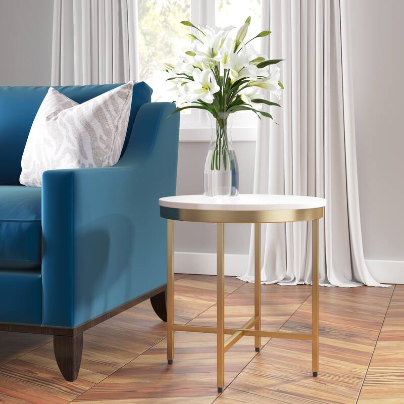 Sevita Alaric Round Bone Inlay and Gold Steel Cross-Leg End Table, 20" W x 22" H - 20" L x 20" W x 22" H
