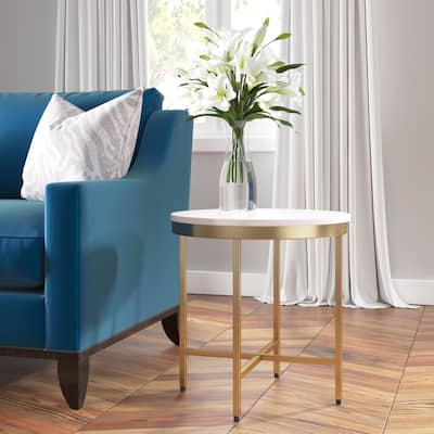 Sevita Alaric Round Bone Inlay and Gold Steel Cross-Leg End Table, 20" W x 22" H - 20" L x 20" W x 22" H