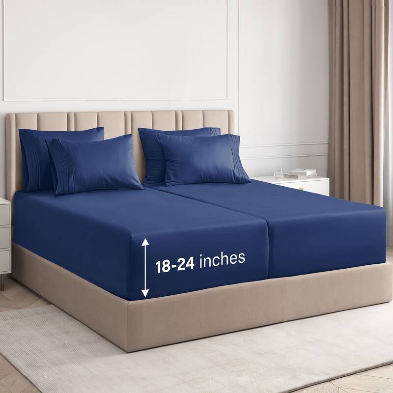 CGK Linens 6 Piece Extra Deep Pocket Microfiber Hotel Luxury Bed Sheets Set - Split King - Navy Blue
