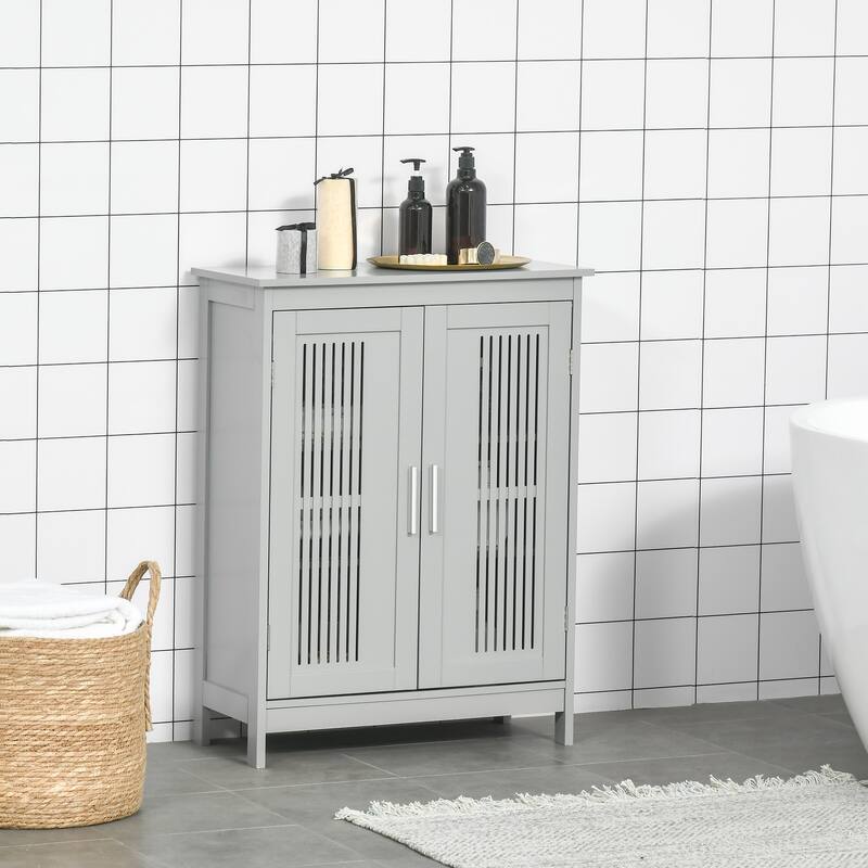 kleankin Modern Bathroom Floor Cabinet, Free Standing Linen Cabinet, Storage Cupboard with 3 Tier Shelves, Grey - GREY