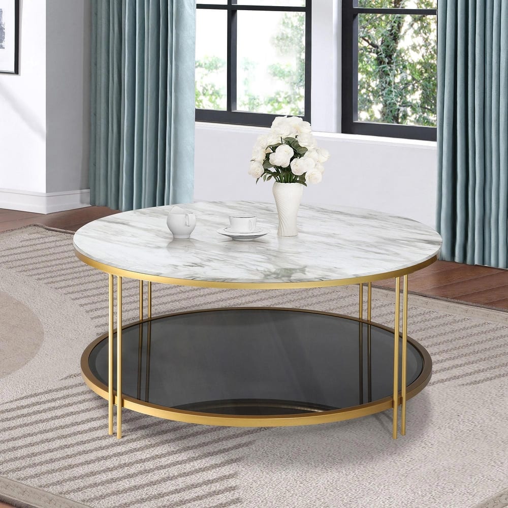 36" Modern Faux Marble Round Cocktail Coffee Table Storage Shelf