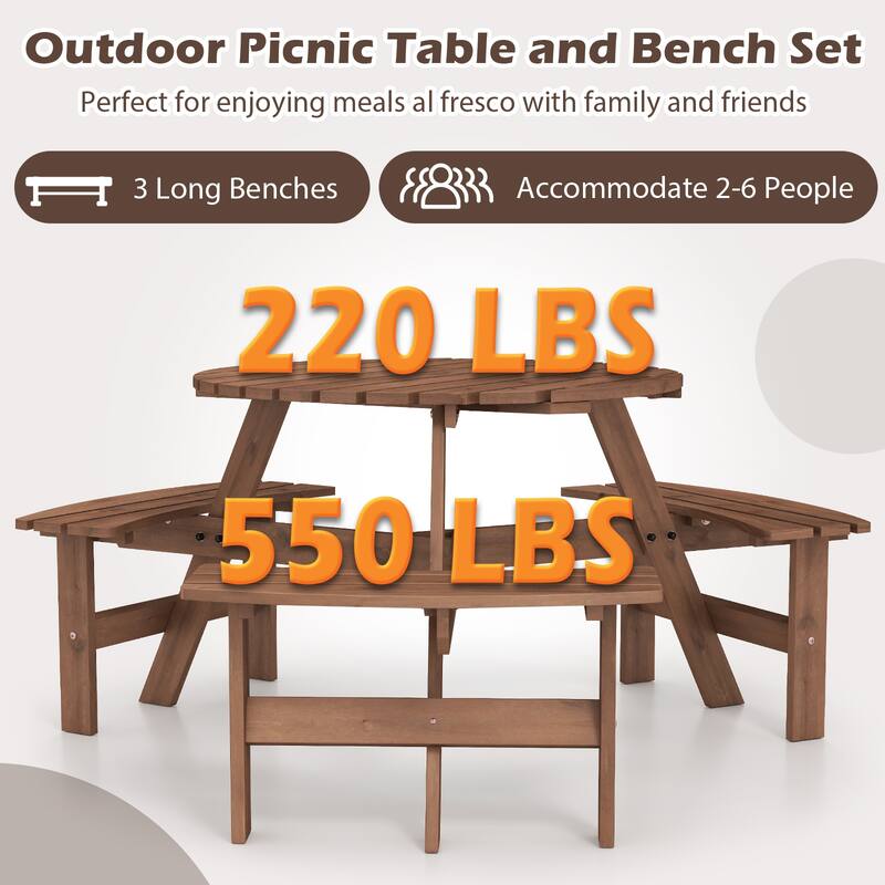 Gymax 6-Person Round Picnic Table Set w/ 3 Built-in Benches 2''