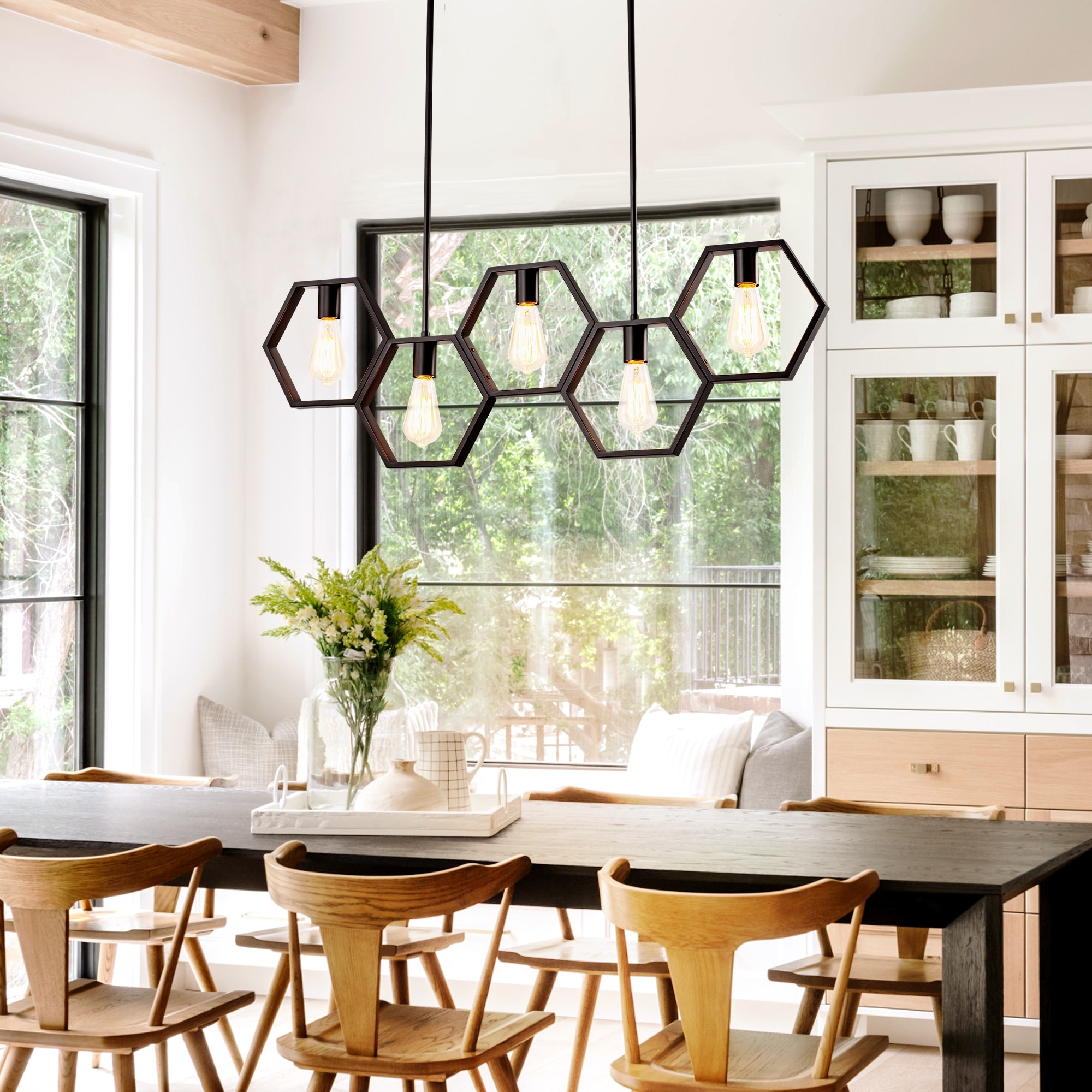5-Light Mid-Century Modern Matte Black Geometric Pendant Island