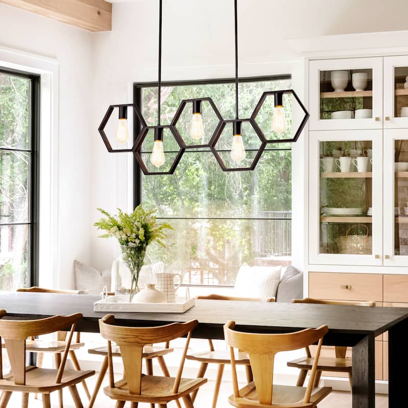 5-Light Mid-Century Modern Matte Black Geometric Pendant Island Lighting - 38.5 in. W x 72 in. H