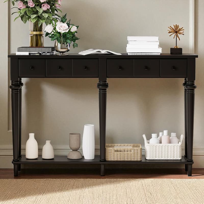 59.8" Rustic Entryway Console Table with 4 Drawers and Open Shelf, Retro Pine Veneer Hallway Accent Table - Black