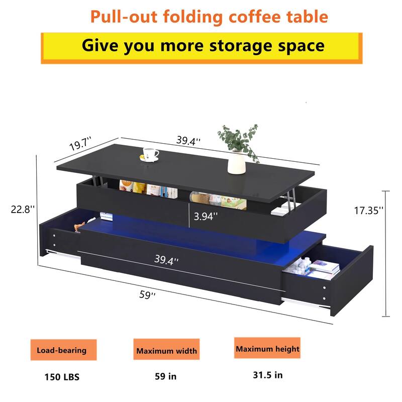 High Quality Three-Tier Foldable Coffee Table With Drawers - Black