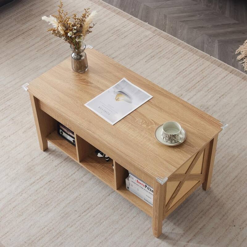 VINGLI Rectangular Oak-colored Particle Board with Bamboo Rattan Weaving, Extendable and Liftable Coffee Table