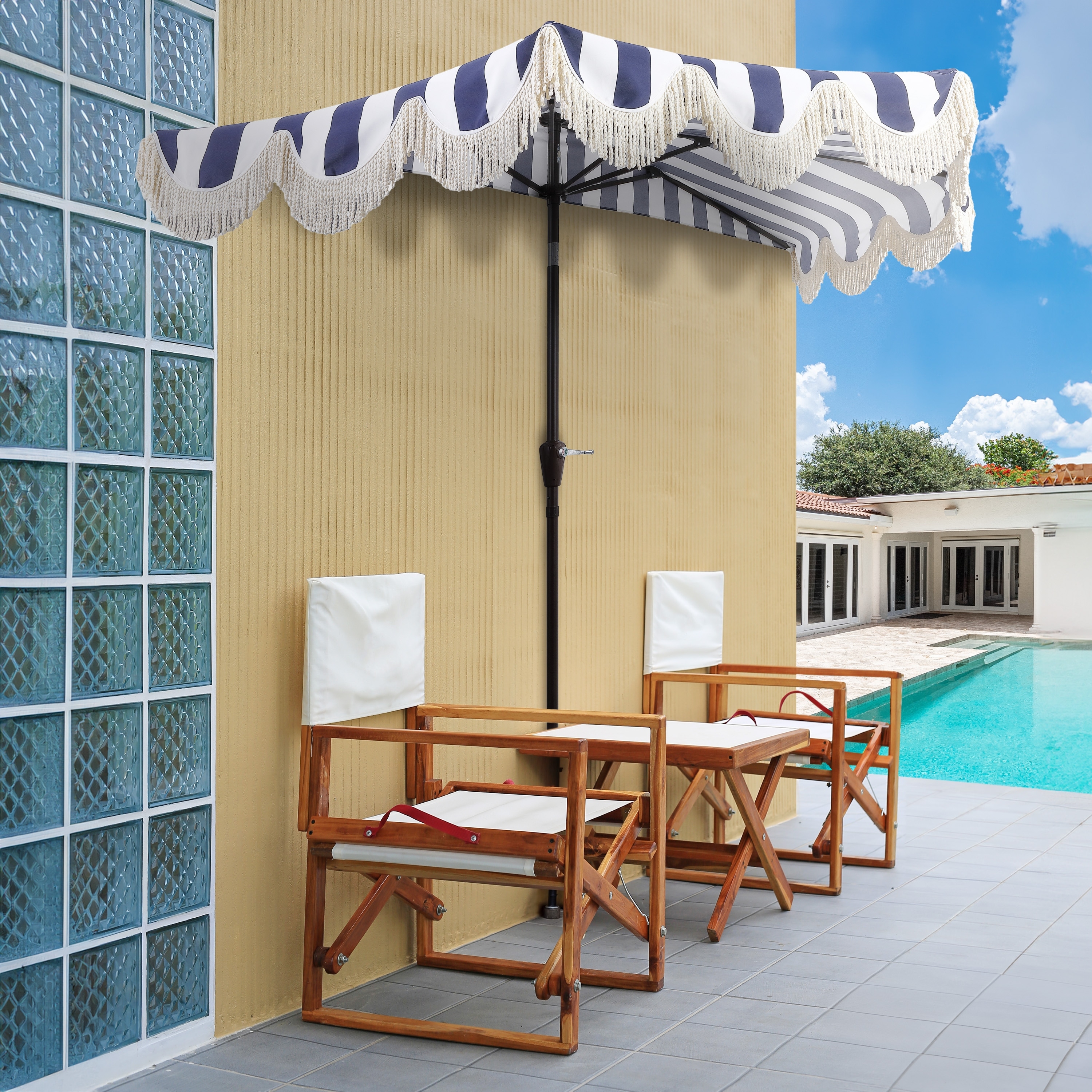 blue half patio umbrella 9ft with Base and Remote Control, suitable for small space that cant fit a full size umbrella 9' Half-Round Patio Umbrella with