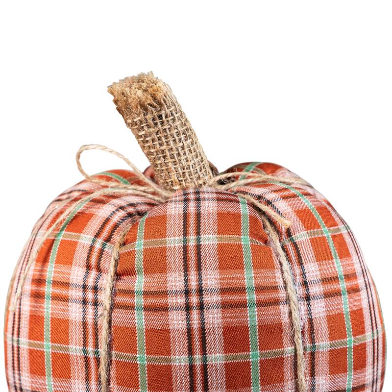 Plush Ribbed Plaid Fall Harvest Pumpkin - 8" - Orange and Green