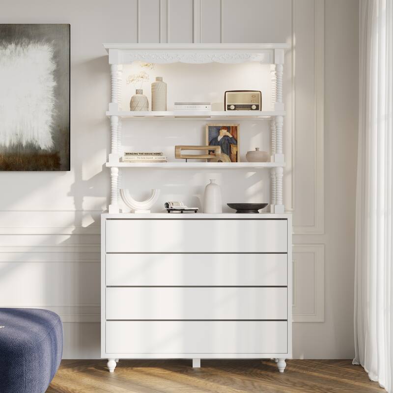 Dresser Chest Display Cabinet with Hutch, 4-Drawer Storage Dresser with Open Shelves, Heavy-Duty Shelf System