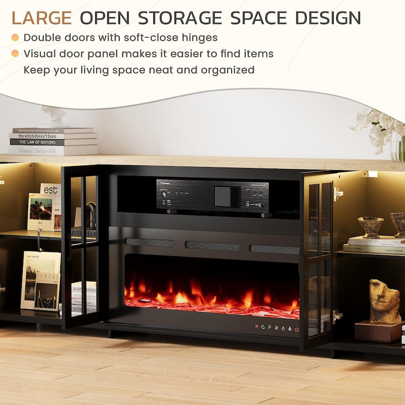 EROMMY 78"/ 97" Fireplace TV Stand with Electric Fireplace, Farmhouse Media Console with LED Lights, Glass Doors