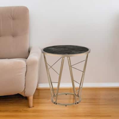 HomeRoots 24" Champagne And Black Faux Marble Glass And Metal Round End Table - 22' X '24' X '22