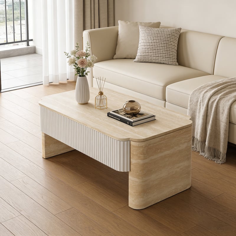 Lift Top Coffee Table, Modern Extendable Wooden Desk with Hidden Storage - Beige+yellow