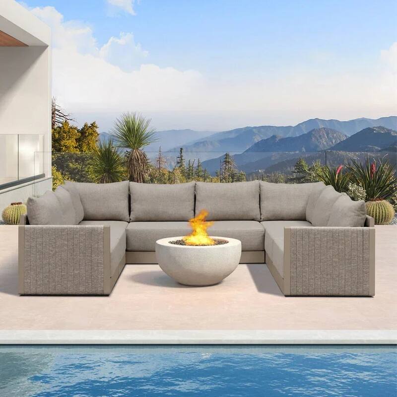 PURPLE LEAF Santorini U-Shaped 8 Piece Khaki Sofa with Ottoman and Cushion for Garden Outdoor Patio Conversation Set - 8-Piece - 8-Piece