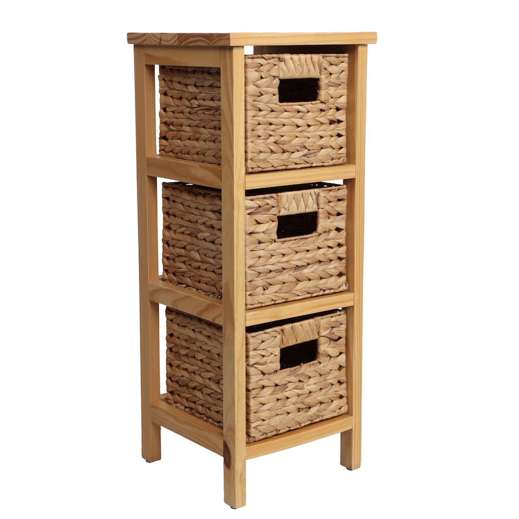 Cohen 27.5 in. H Coastal Handcrafted Pine Wood 3-Tier Storage Cabinet with 3 Water Hyacinth Woven Baskets