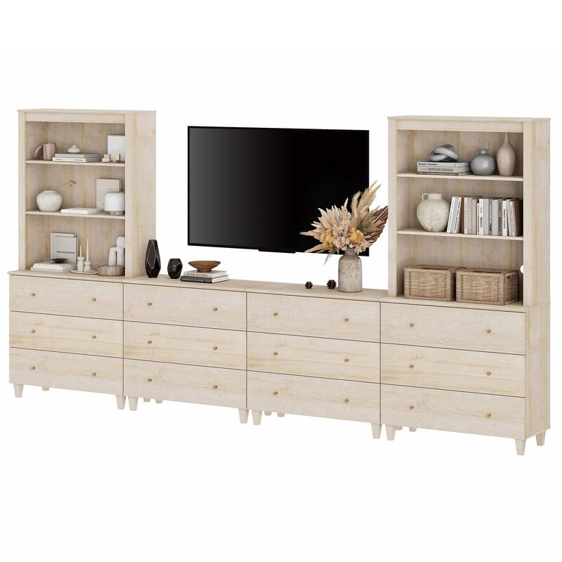 WAMPAT Modern Entertainment Center with Bookshelves for 75" TVs - 12 Drawers - Light Wood