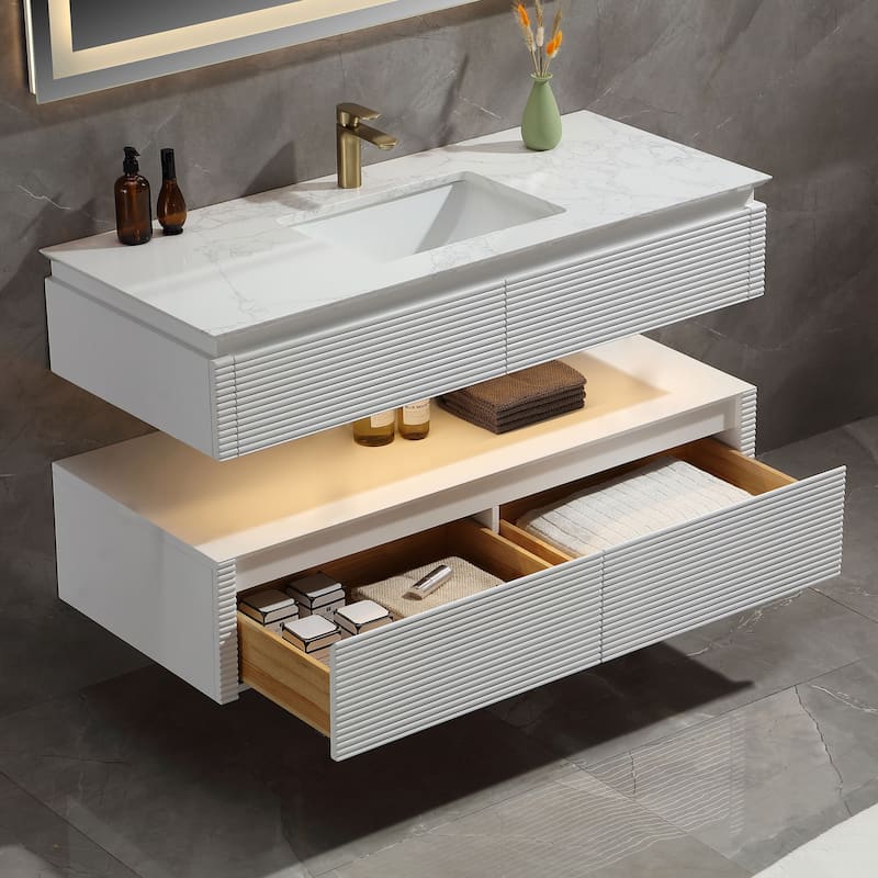 Modland 36/48 Inch LED Floating Vanity with Marble Top & Soft-Close Drawer - Green/White, Wall Drain Ready - 48''+ 1 Sink - White