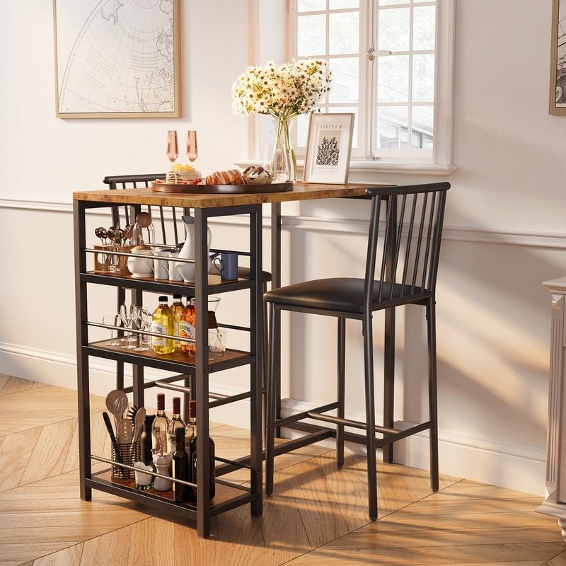 3 Pieces Bar Table Set and Chairs Set for 2 with 3 Storage Shelves