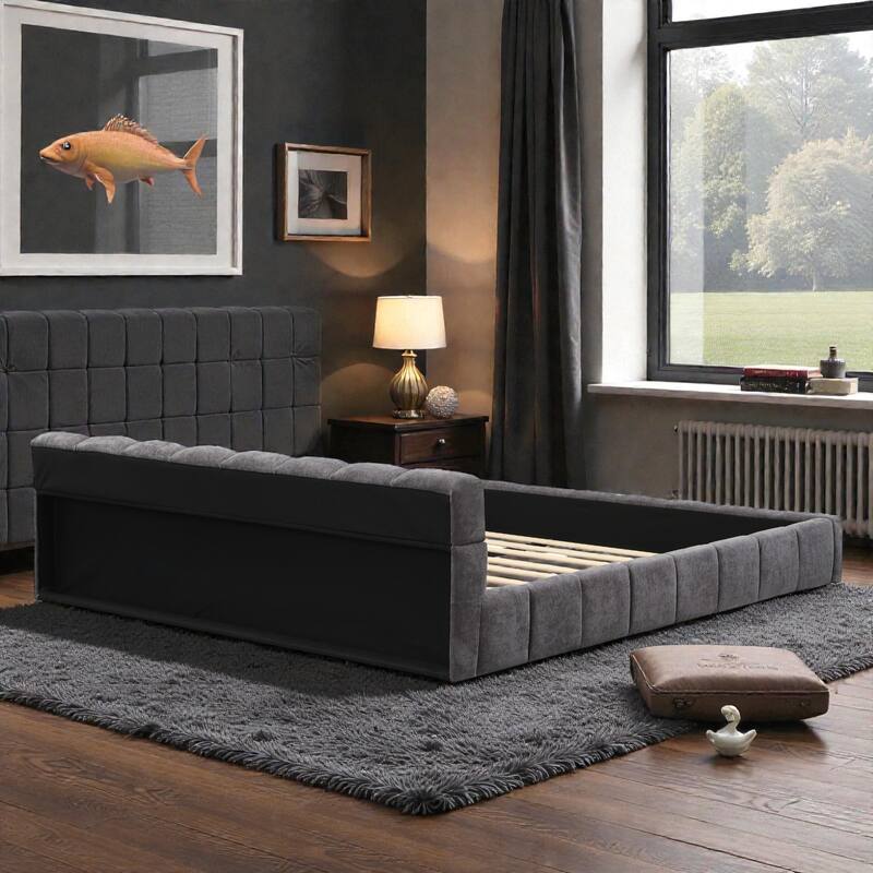 Chenille Upholstered Queen/King Bed with Checkerboard Headboard, Soft Fabric Platform Bed Frame, Modern Elegant Design