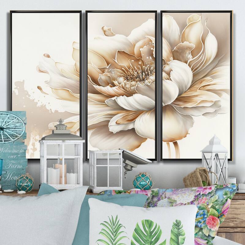Designart "Blooming Beige Floral Design I" Floral Framed Canvas Art Print - 3 Panels - 36 in. wide x 28 in. high - 3 Panels - Black