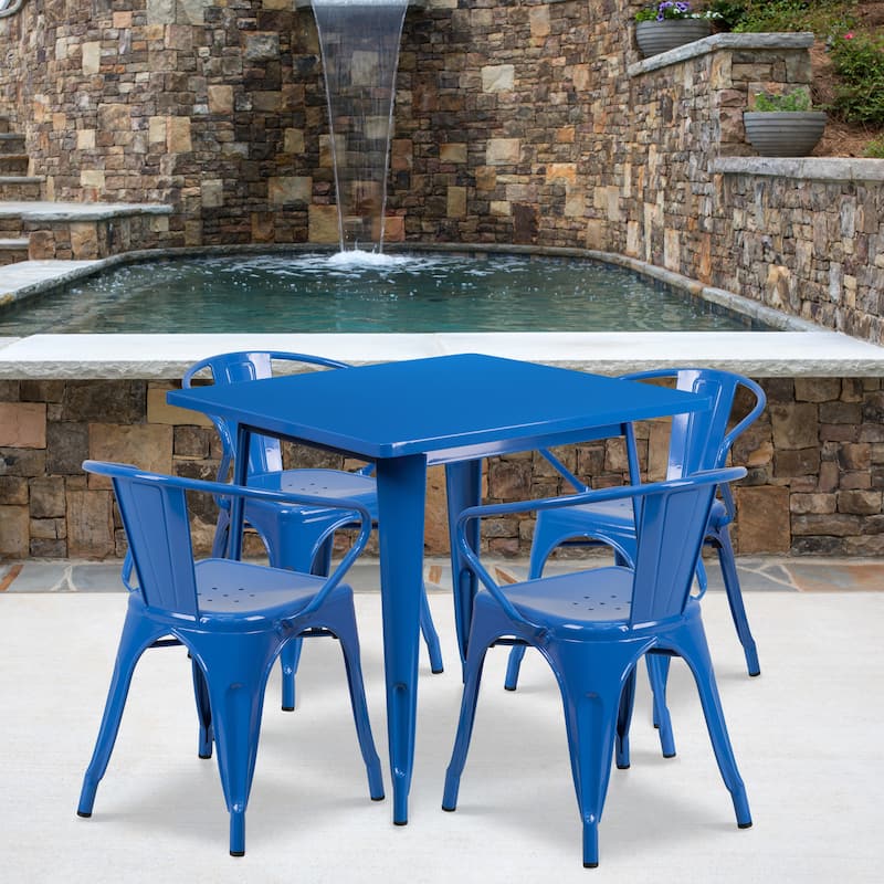 31.5'' Square Metal Indoor-Outdoor Table Set with 4 Arm Chairs - Blue