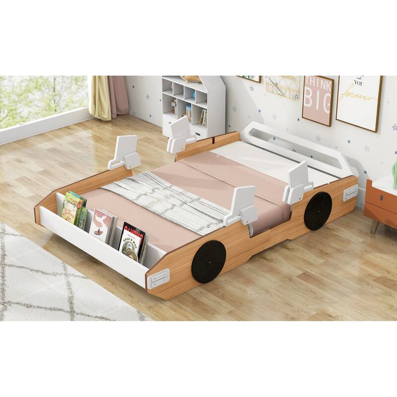 Twin Size Car Bed Frame, Platform Bed w/Wheels and Storage, Race Car