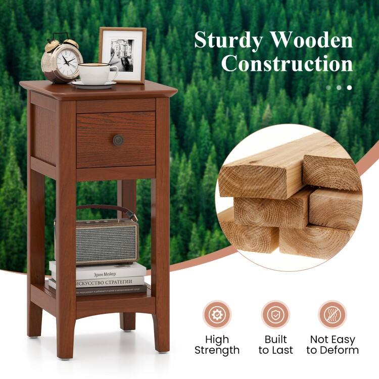 3 Tier Wooden Nightstand with Drawer and Shelf Solid Pine Side Table for Bedroom Living Room Compact End Table