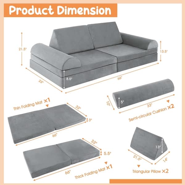 dimension image slide 0 of 2, Costway 8 PCS Kids Play Sofa Set Modular Convertible Foam Folding - See Details