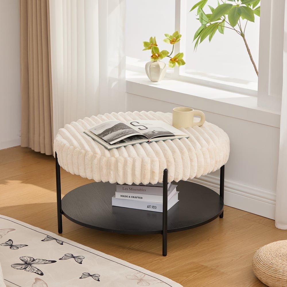 30.9"Wide Upholstered Round Ottoman Coffee Table Foot Rest With,Footstool With Wooden Open Storage Shelf,Faux Fur Footstool