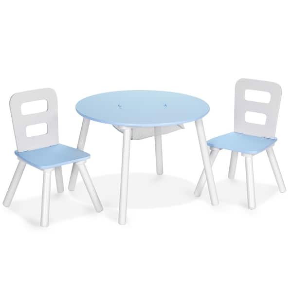 slide 2 of 47, Costway Kids Wooden Round Table & 2 Chair Set w/ Center Mesh Storage - See Details Blue