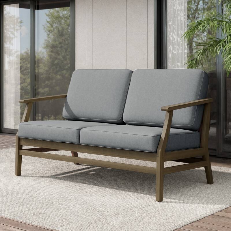Teak Outdoor Patio Club Chairs Loveseat with Cushions - Natural Wood - Loveseat/Gray