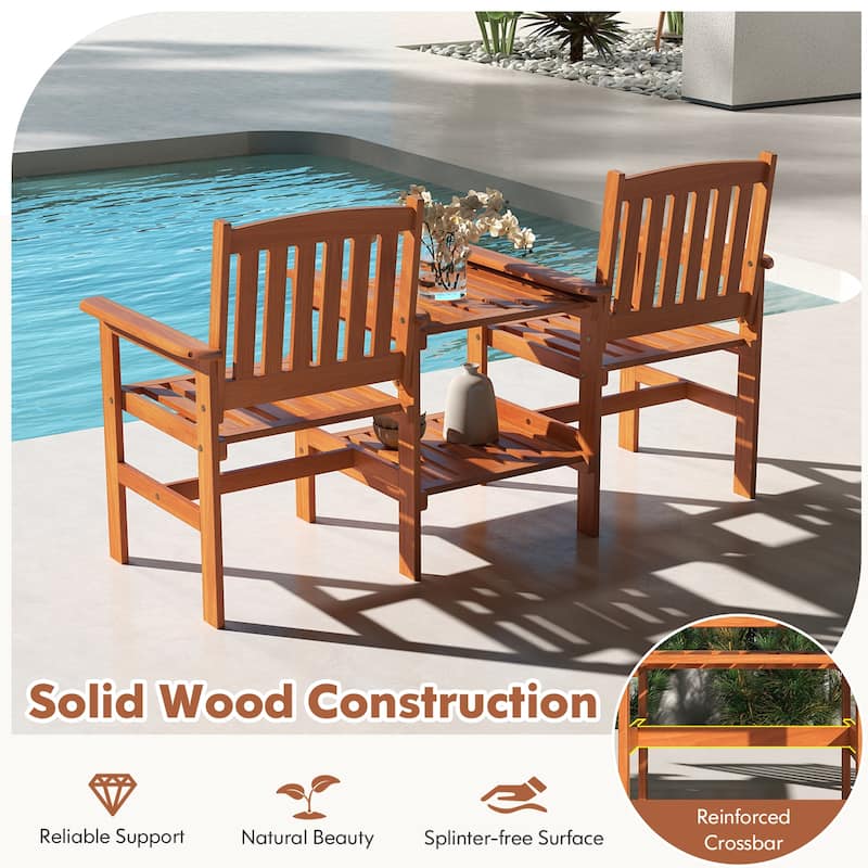 Outdoor Wooden Loveseat Bench with Built-In Table and Umbrella Hole Patio Seating for 2 People - 25" x 63" x 35"