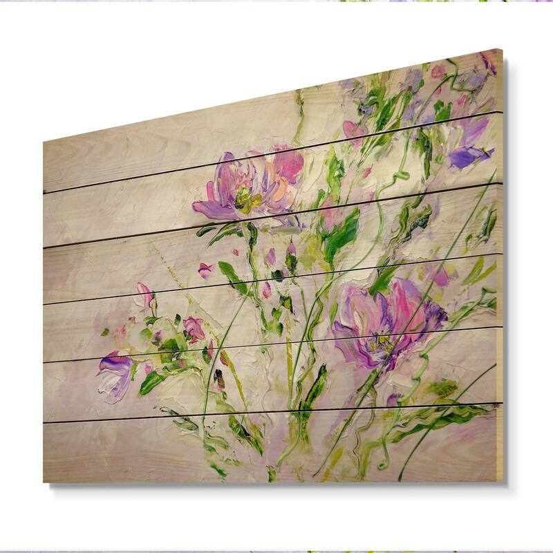 Designart 'Modern Purple Spring Flowers' Traditional Wood Wall Art Décor - Natural Pine Wood