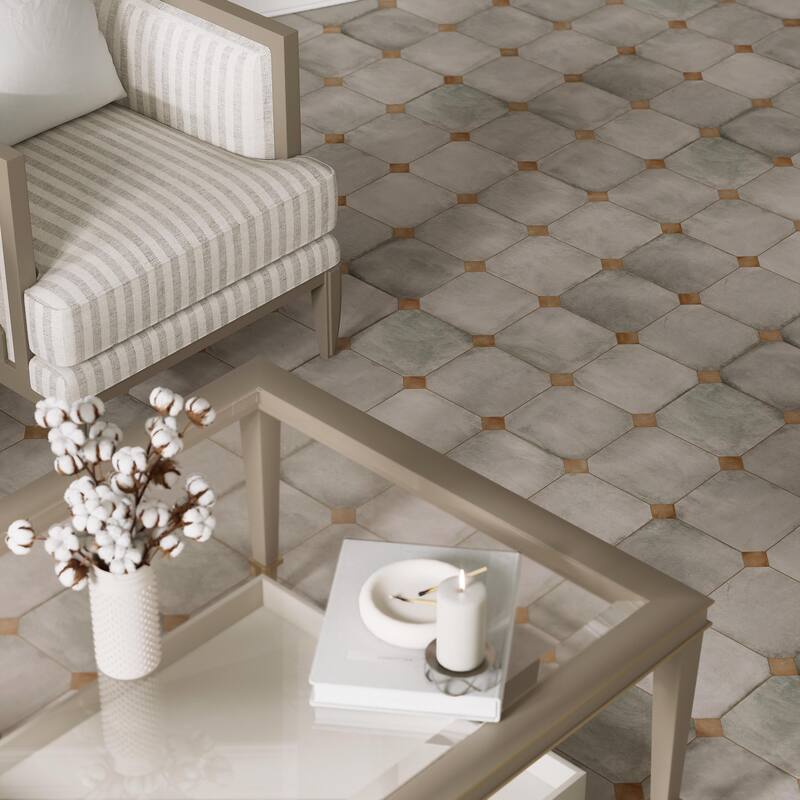 Merola Tile Laverton Octagon Gris with Taco Natural 7-7/8" x 7-7/8" Porcelain Floor and Wall Tile