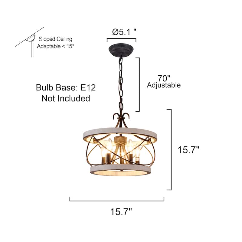 Bella Depot 5-Light Rustic Cage Wood Chandelier Dimmable Lighting, 15.7" Adjustable Farmhouse Pendant Light for Kitchen Island