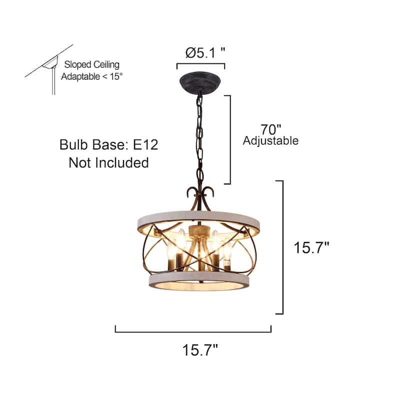Bella Depot 5-Light Rustic Cage Wood Chandelier Dimmable Lighting, Adjustable Farmhouse Pendant Light for Small Room